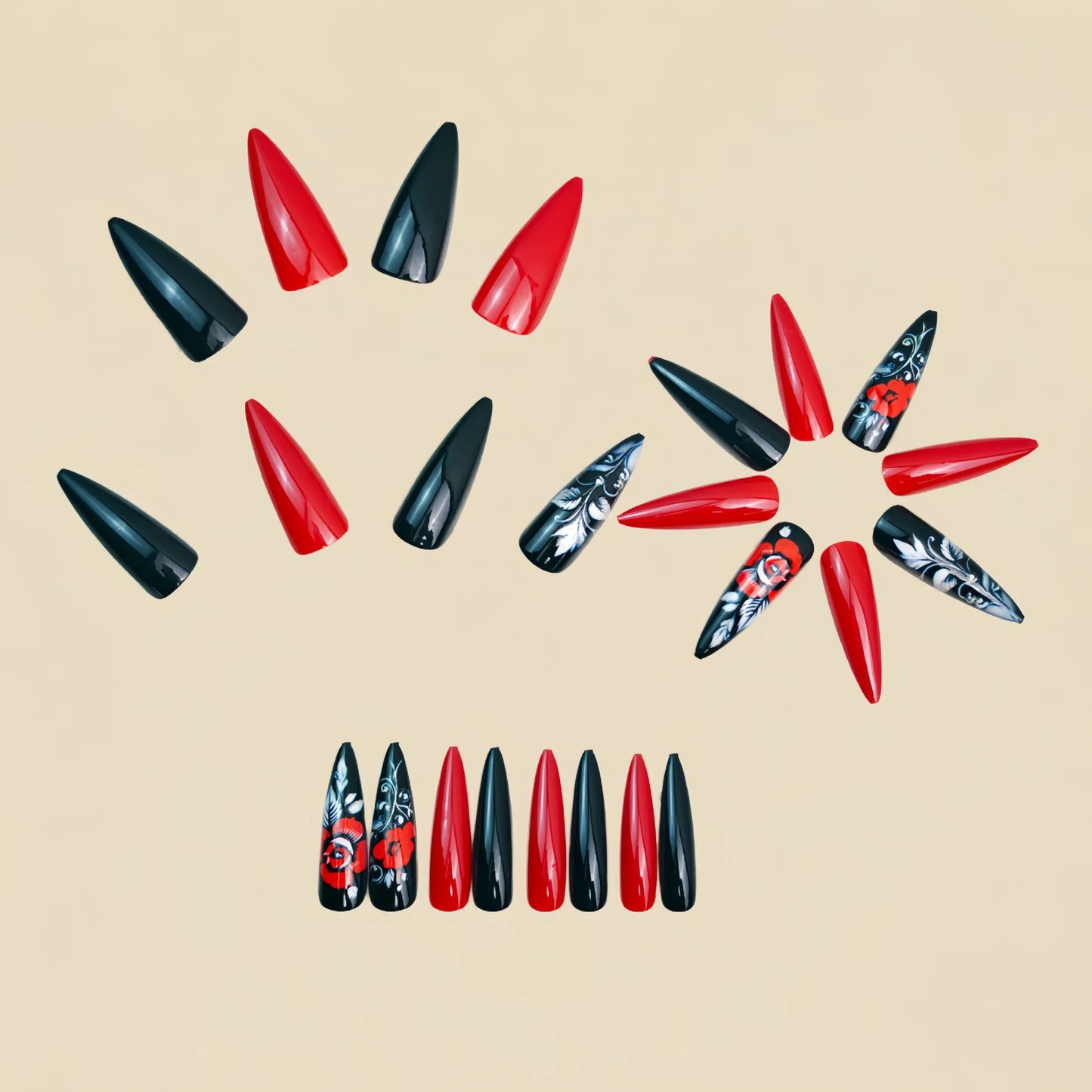 Medium long fake nails for women girl black red rose flowers for Valentine's Day waterdrop almond shape full cover press on nail