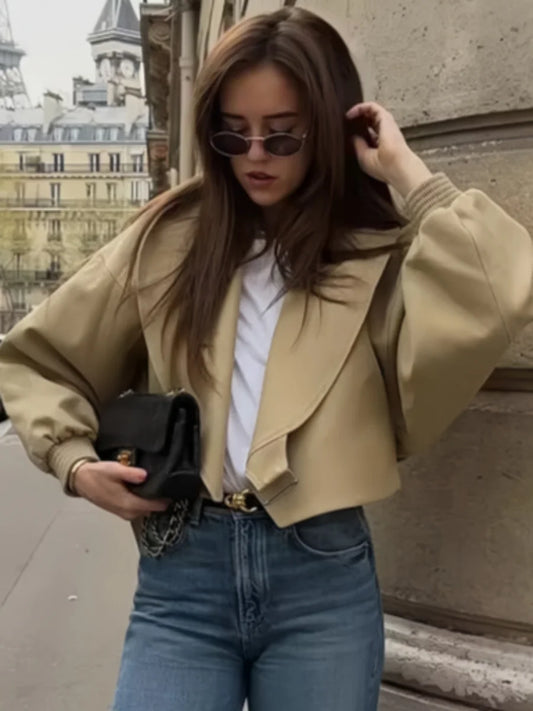 Women's Elegant Solid Lapel Jacket Fashion V Neck Warm Long Sleeve Loose Fit Short Coats Casual Autumn Winter Female Outerwear
