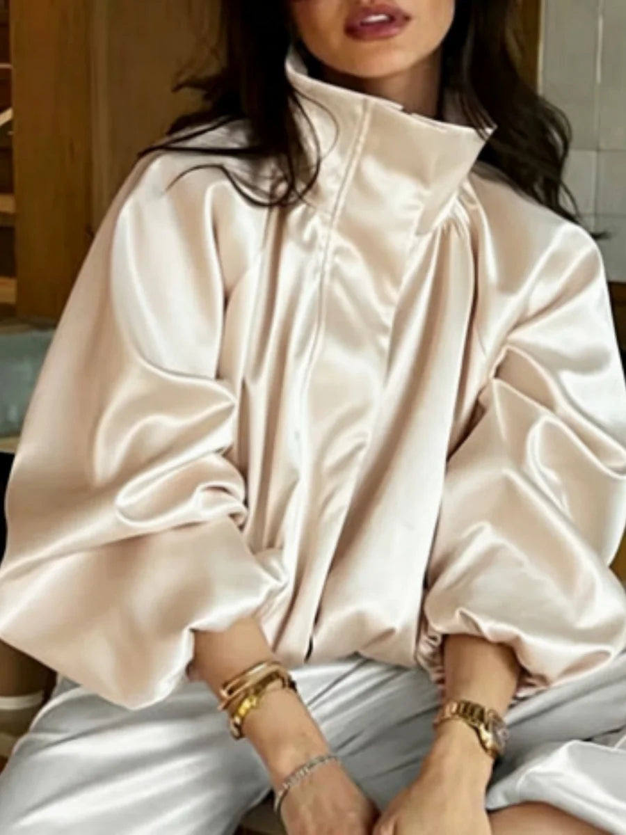 Women's Elegant Satin Zipper Jackets Fashion Stand Collar Long Puff Sleeve Loose Fit Coats Casual Autumn Winter Outerwear