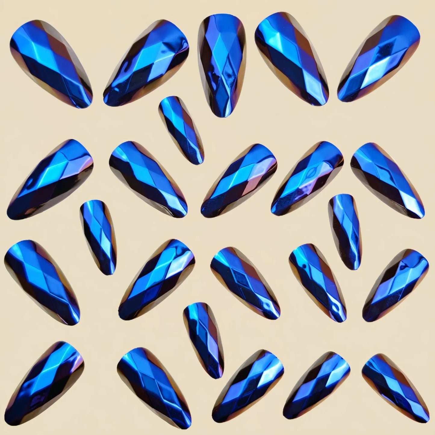 Medium fake nails for women girl glossy Metallic Holographic Plated 3D rhombus design dark blue pink press on acrylic false nail
