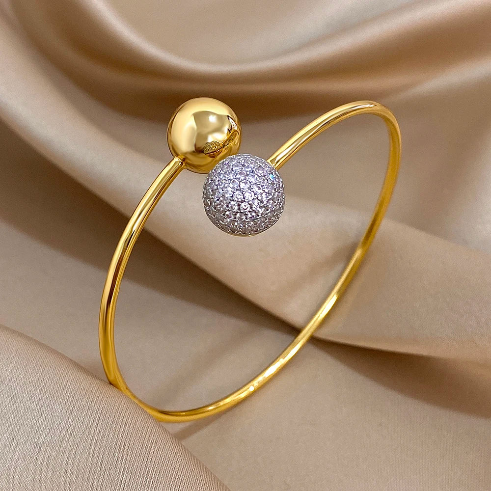 Fashion Design Chic Gold Color Inlaid Rhinestone Ball Stainless Steel Open Bracelet Bangle Statement Jewelry High Quality Gift