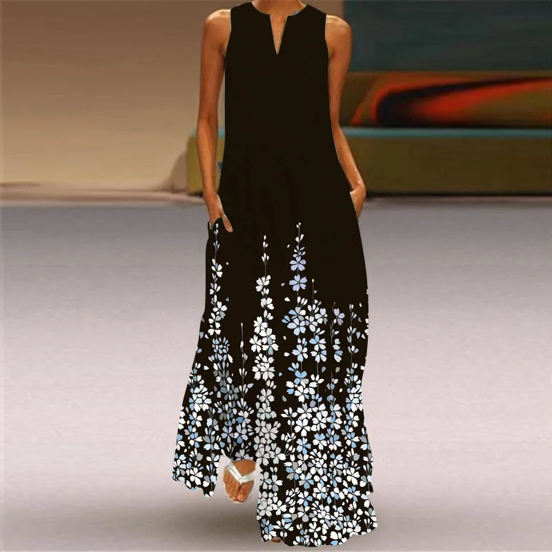 Summer Retro V-Neck Sleeveless Maxi Dress – Loose Artistic Print