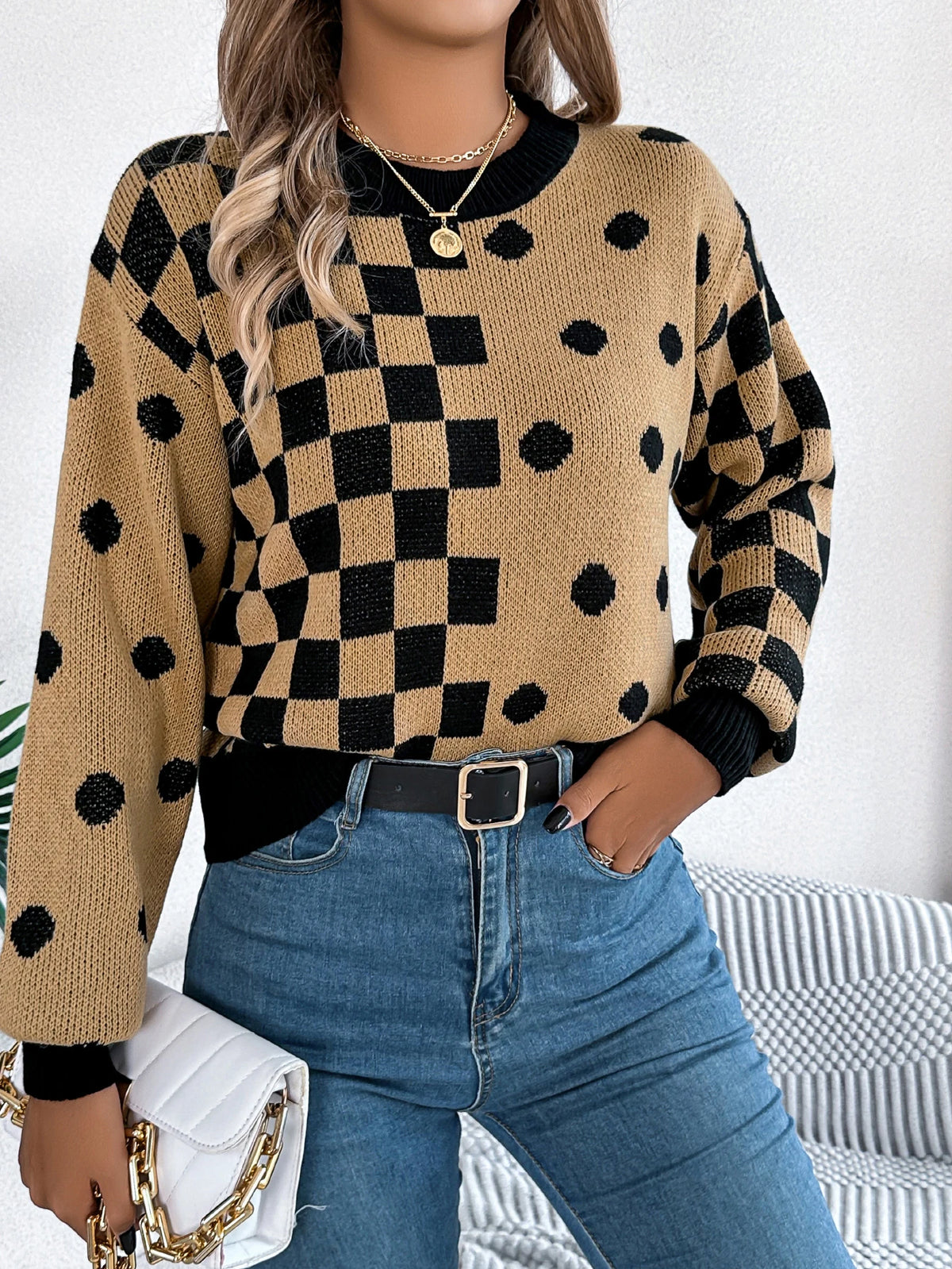  Autumn Winter Casual Contrasting Grid Dot Long Sleeve Knitted Pullover Fashion New Year and Christmas Sweater Women Clothes