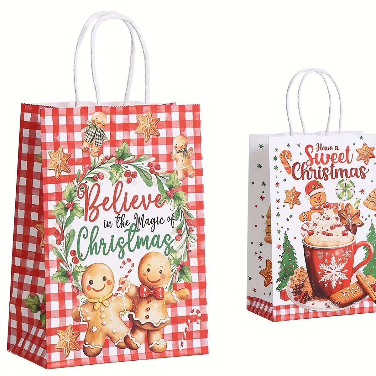 12/24/36pcs Loose Christmas Gift Bags with Handles, 6 Different Designs of Gingerbread Bags for Christmas Gift Packaging