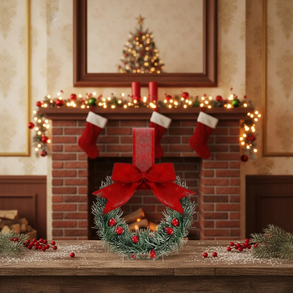 6 Christmas Kitchen Cabinet Wreaths With Ribbons, Christmas Mini Cabinet Wreaths With Ribbon Bows, For Fireplaces,Stair Railings