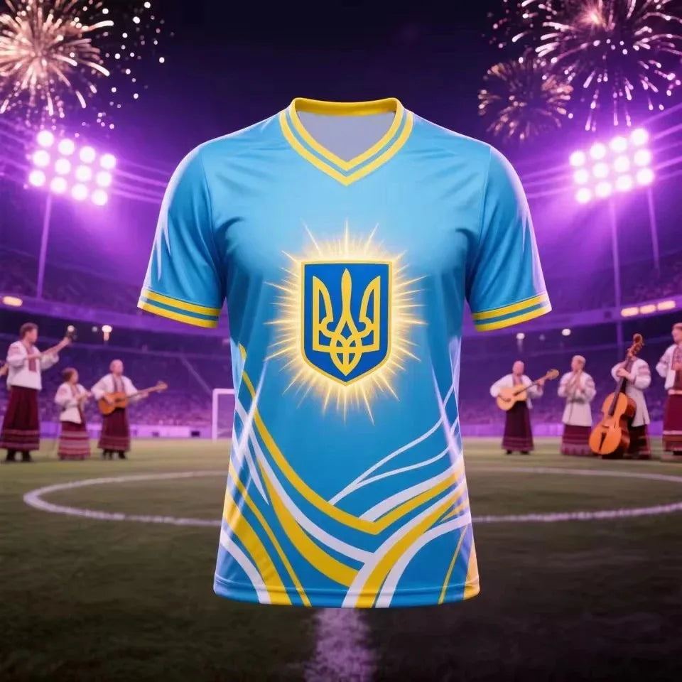 Soccer Jersey with Ukraine Trident Emblem Blue Yellow Flag Style 3D Printed Short Sleeve T Shirt Family Style Adults Kids Tee