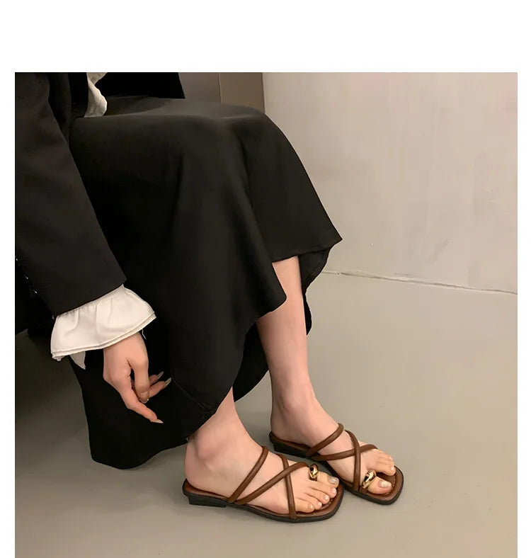 Women Summer Slippers Ladies Sandals Metal Decor Thong Flip Flop Low Heel Shoes Woman Outdoor Retro Brown Sandals Female