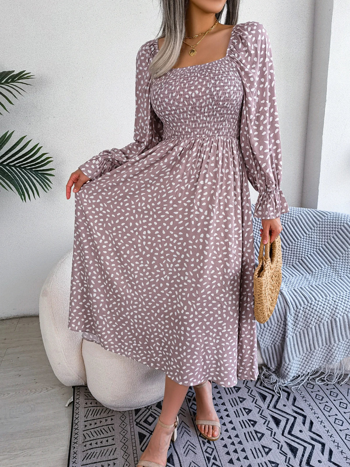 Spring Autumn Women's Elegant Polka Dot Square Neck Flare Long Sleeve Slim Waist Floral Dress Yellow Pink Red Woman Clothing