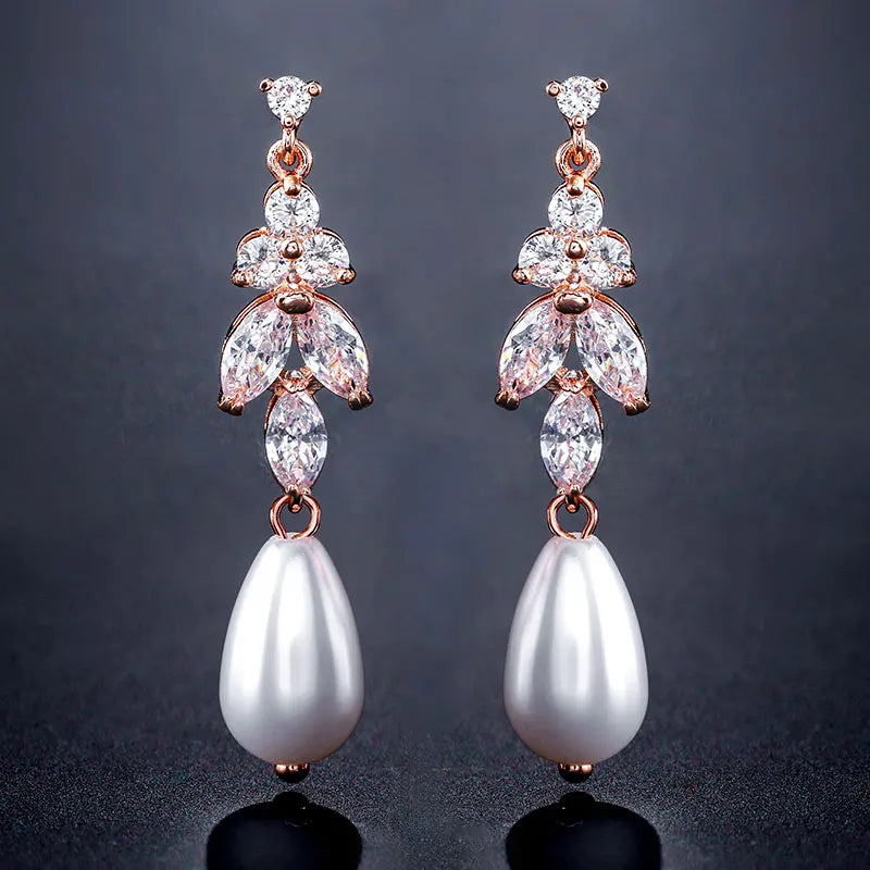 ZAKOL Luxury Teardrop Imitation Pearl Bridal Earring for Women Elegant AAA Cubic Zirconia Earring Wedding Accessories