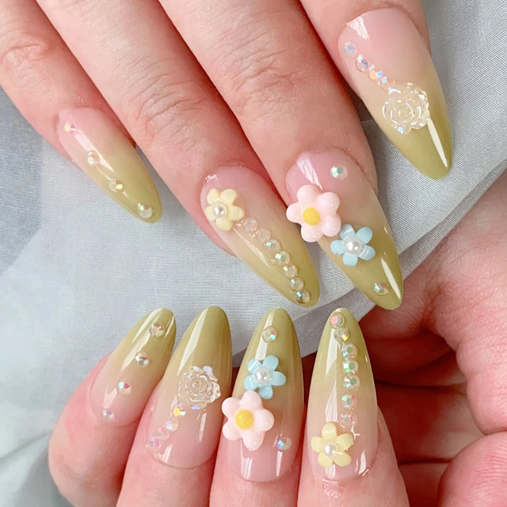 24Pcs Gradient Almond French False Nails Spring Flower Design Full Cover Fake Nails Extension Wearable Press on Nails for Women