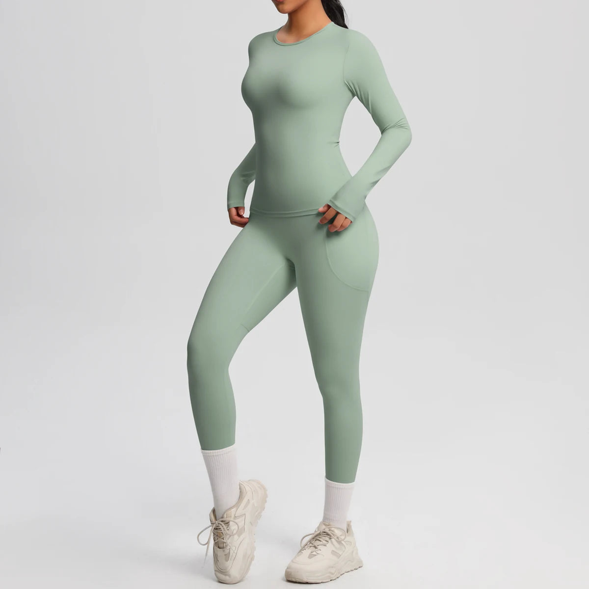 Summer 2PCS Women's Yoga Suit Solid Color High Stretch Slim Casual Long Sleeves Quick Drying Push Up Women Pockets Pants Set