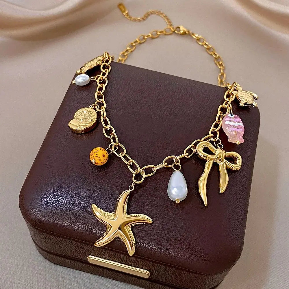 Flashbuy Beach Ocean Style Women's Necklace Sea Star Sea Turtle Sea Conch Charm Stainless Steel Necklace Waterproof Jewelry