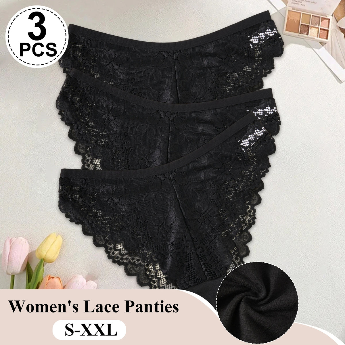 3PCS/Set Sexy Hollow Lace Black Underwear Breathable Female Intimate Lingerie Solid Color Embroider Floral Panties трусы женские