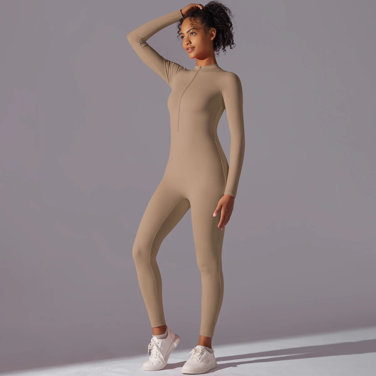 Women Zipper Yoga Jumpsuit Nude Long Sleeve High Intensity Workout One Piece Leotard Fitness Dance Gym Aerial Yoga Jumpsuit