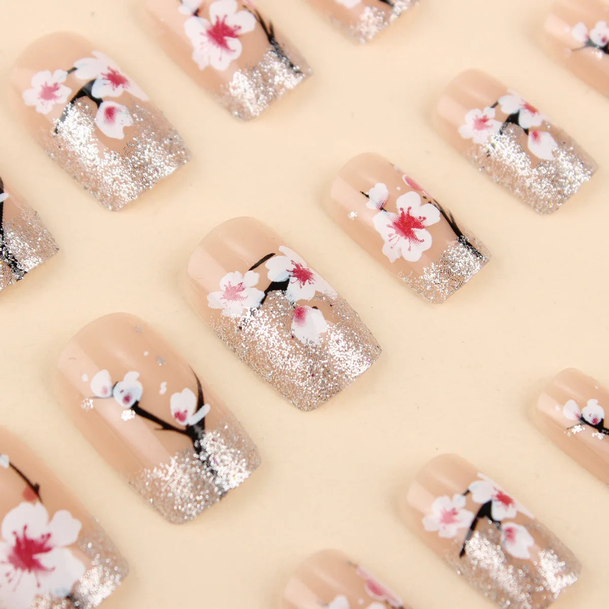 24pcs/set Medium long fake nails yellow dragon flowers feather design for Spring summer Square almond tips press on false nail