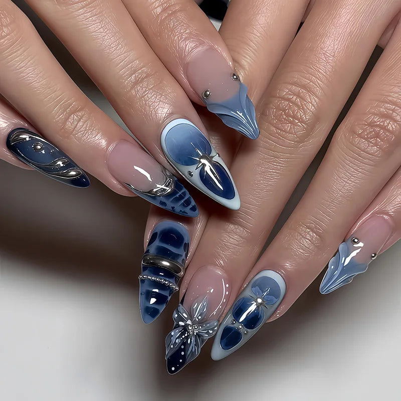 24Pcs French Flowers Pattern Almond Simple False Nails Set with Gloden Stripes Designs Detachable Finished Nails with Jelly Glue