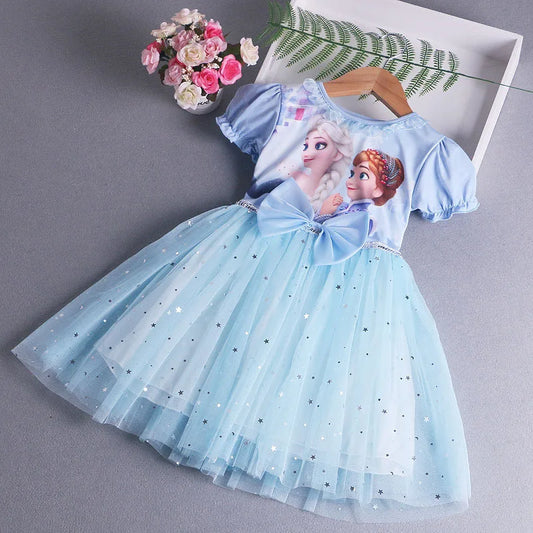 Disney Elsa Princess Dress with Cape Girls Dress Summer Kids Short Sleeve for Children's  2-8Y