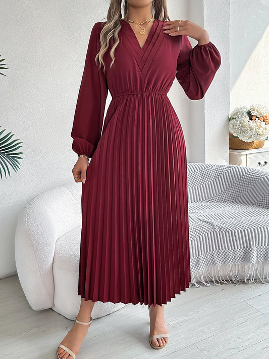 Elegant Dresses for Women 2026 Spring Autumn Casual Solid Color V Neck High Waist Long Sleeve Pleated Maxi Dress Red Black Green