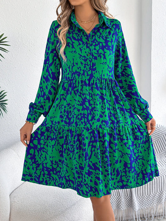 Spring Autumn Casual Vacation Single Breasted Turn Down Collar Long Sleeved Leopard Print Dresses for Women