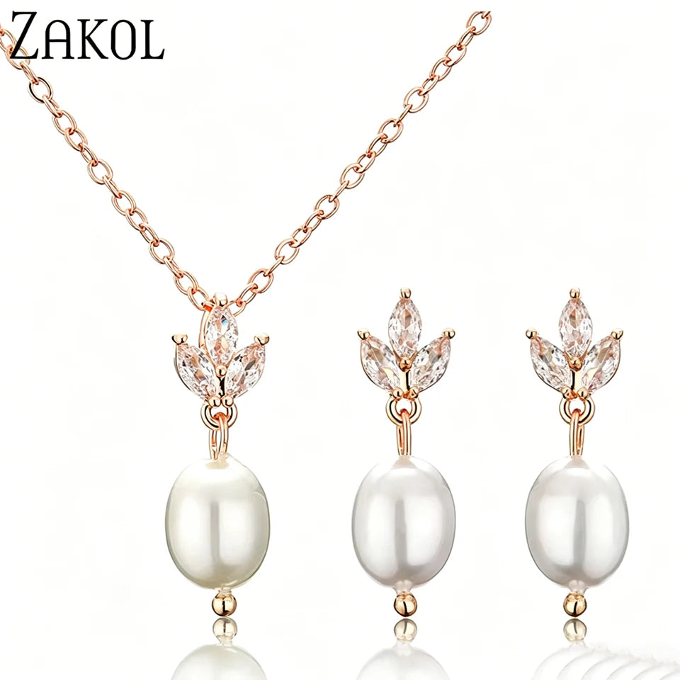 ZAKOL Fashion Leaf Shiny Zircon Pearl Drop Earring Necklaces Jewelry Sets for Women Charming Wedding Jewelry Gift