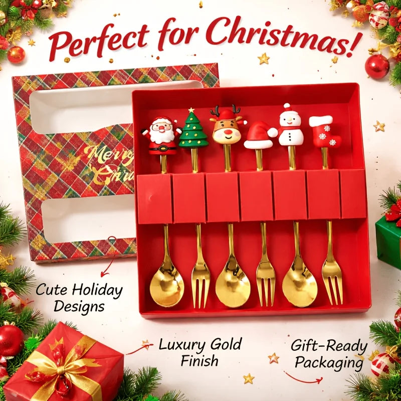 6Pcs Festive Christmas Spoon Fork Set with Gift Box,Golden Stainless Steel Coffee Tea Dessert Cutlery,Christmas Gift for Holiday