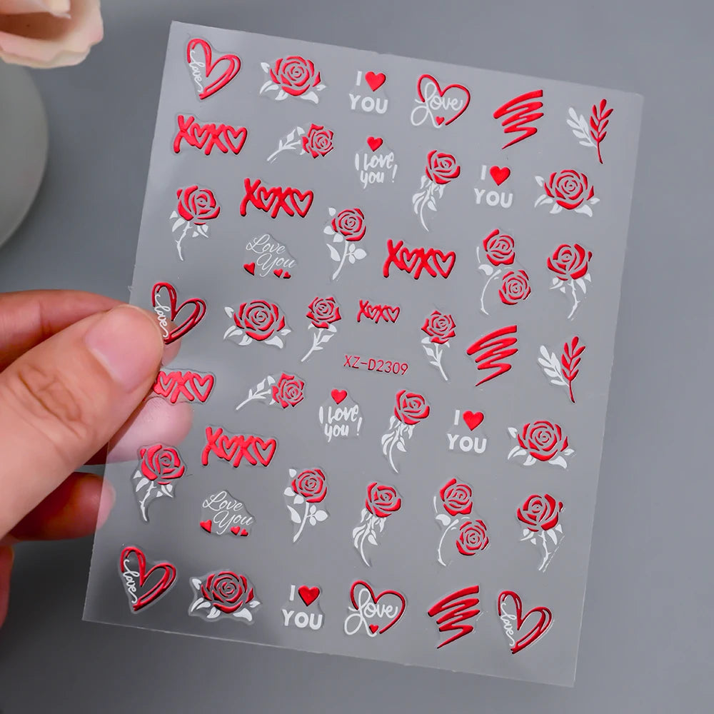1Pc 3D Red Love Heart Nail Art Stickers Rose Flower Lip Self Adhesive Decals Valentine' Day Nail Sliders For Manicure Decoration