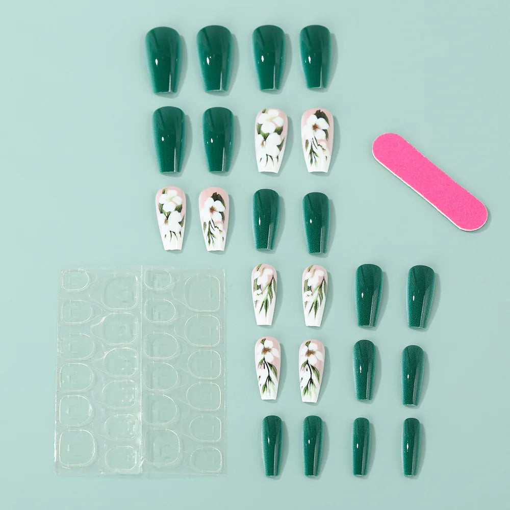 Medium long fake nails for women green white pink red flowers for Spring summer ballet tips full cover acrylic press on nail