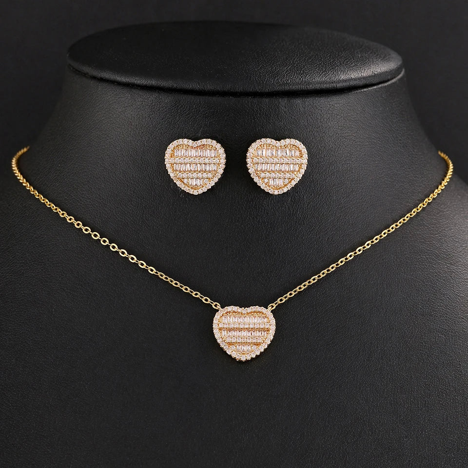 ZAKOL New Iced Out Zirconia Heart Necklace Earrings Set for Women Bling Cubic Zirconia Luxury Wedding Party Jewelry Gift