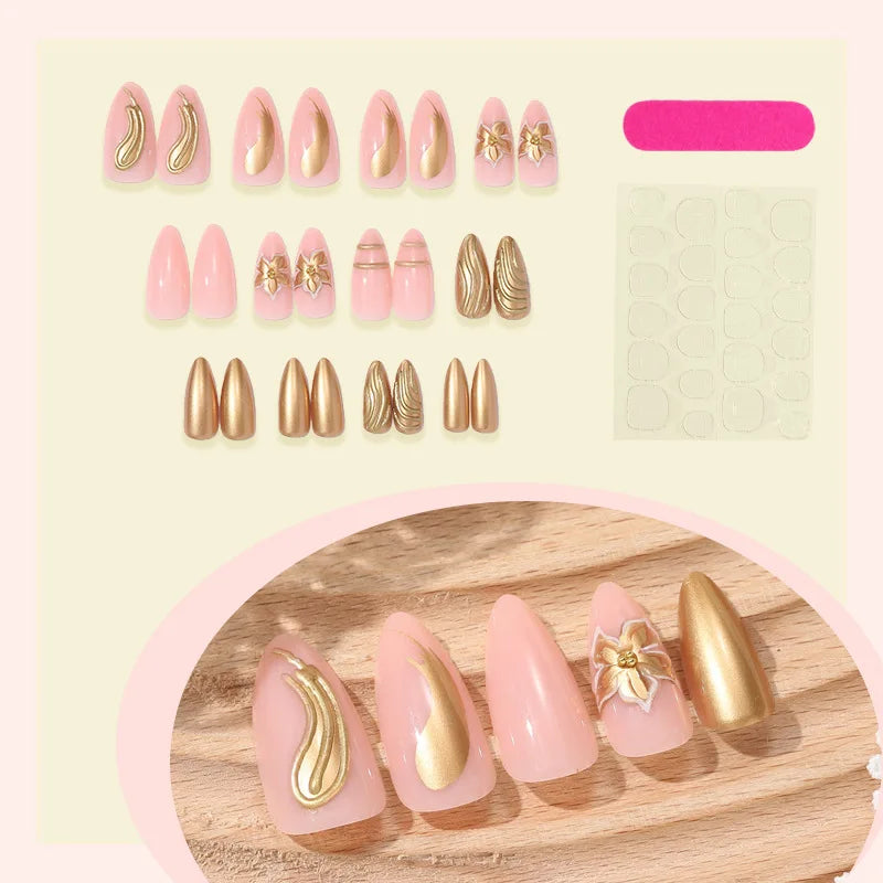 24Pcs French Flowers Pattern Almond Simple False Nails Set with Gloden Stripes Designs Detachable Finished Nails with Jelly Glue