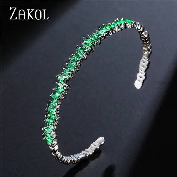ZAKOL Fashion Cubic Zirconia Cuff Bangles for Women Trendy Baguette Men Open Bracelet Party Jewelry B154