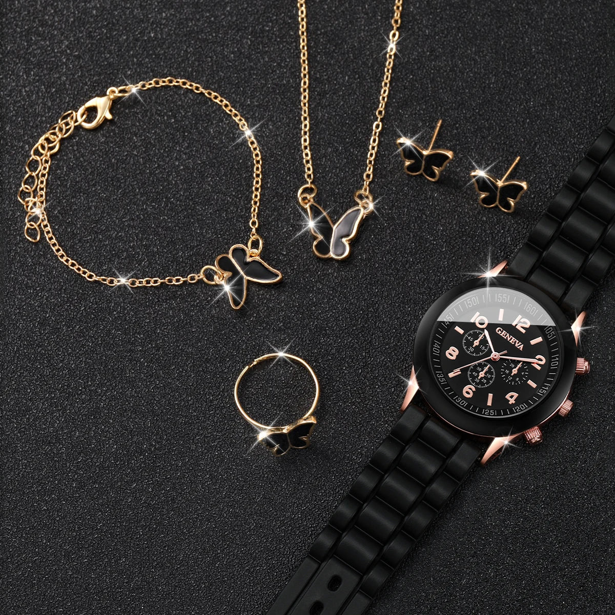 5/6PCS Women's Watch Casual Silicone Band Quartz Watches Butterfly Jewelry Set(Without Box)