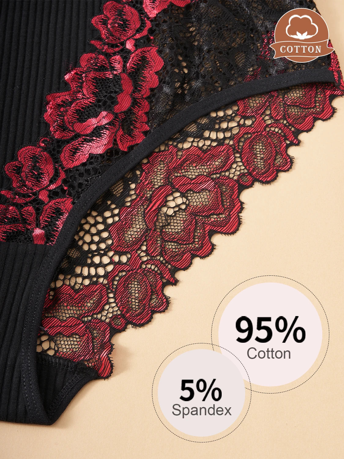 5PCS New Contrast Lace Panties Women Striped Cotton Breathable Underwear Elegant Lace Floral Sexy Briefs Mid-Rise Lingerie