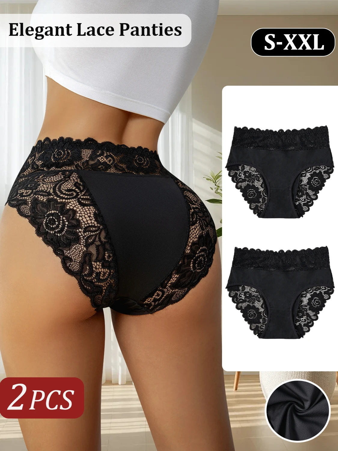 2PCS Black Women's Panties Luxury Lace Floral Hollow Out Sexy Underwear High Waist Briefs Lingerie S-XXL for Timeless Femininity