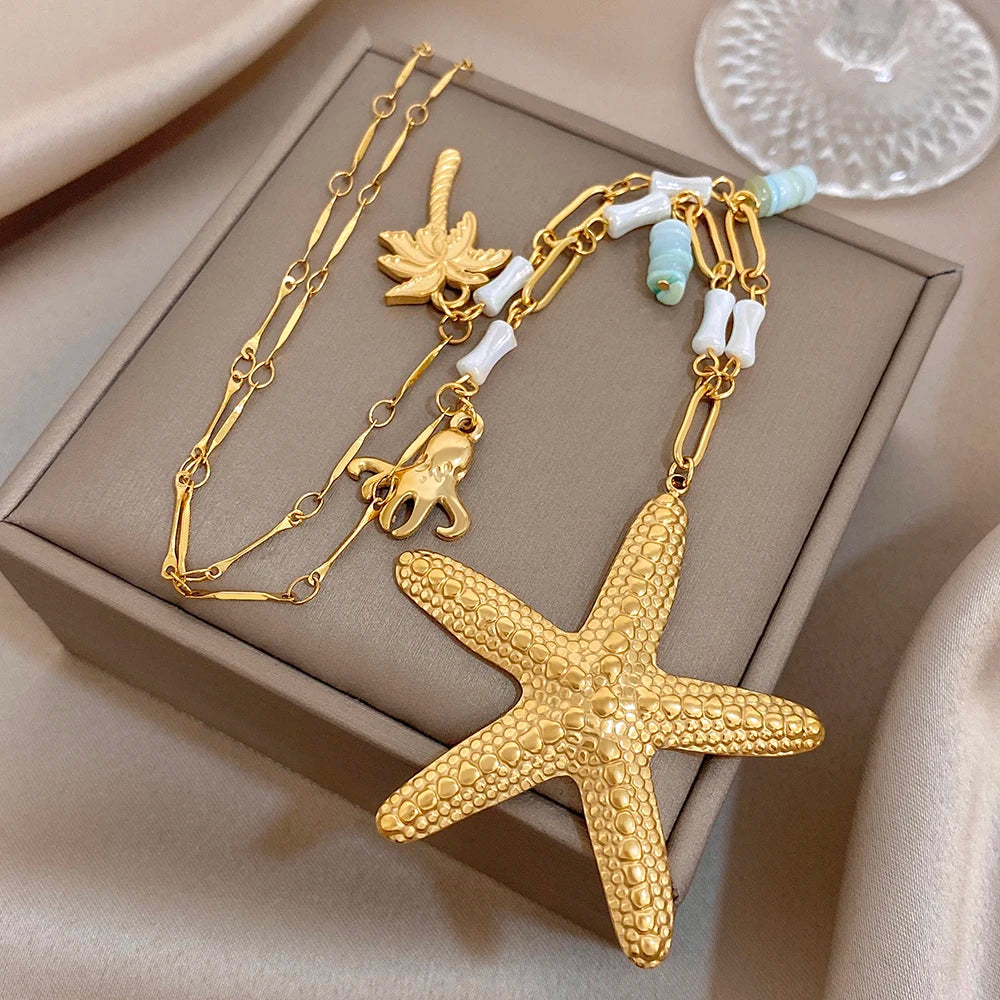 Flashbuy Golden Ocean Charm Necklace, Starfish Crab Octopus Pendant, Boho Beach Jewelry for Women, Summer Vacation Accessory