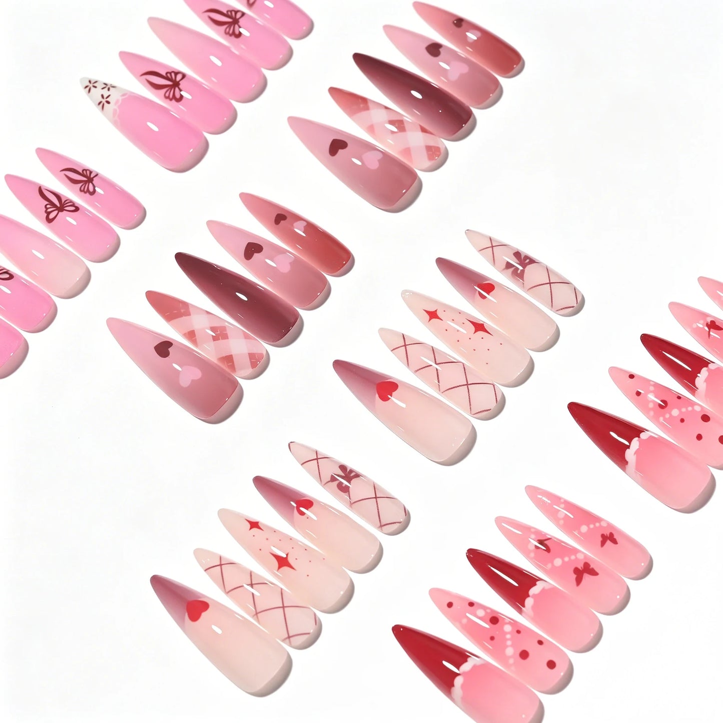 96pcs Gradient Long Almond Full Cover Fake Nails Tips with Bow Heart Plaid Design Blush Stiletto False Nails Women Press on Nail