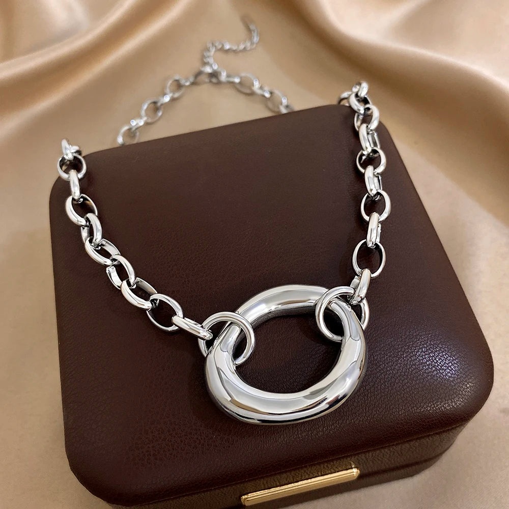 Golden 316L Stainless Steel Irregular Hollow Round Pendant Necklace for Women Statement Thick Chain High Quality Jewelry Gift