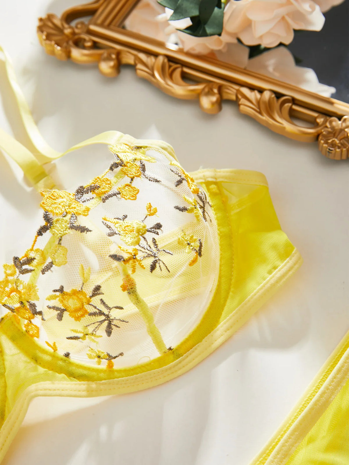 Yellow Floral Embroidery Bra Set Women's Half Cup Underwear Thin Breathable Thong 2-Piece Set Valentine's Day Gift