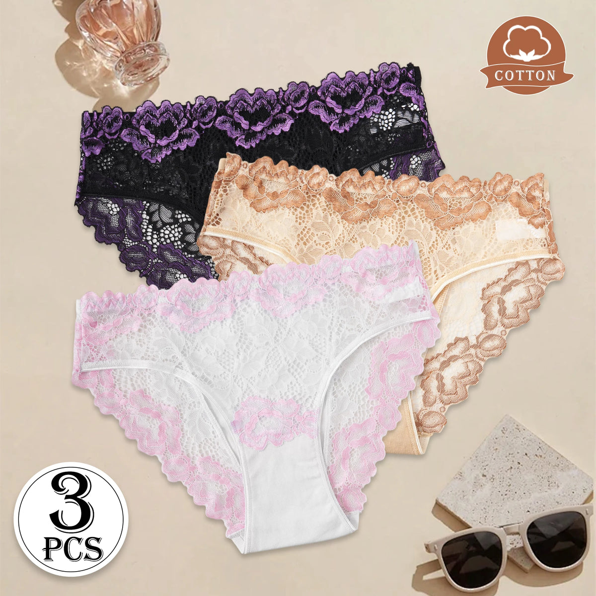 3PCS Semi-Sheer Contrast Lace Floral Sexy Women's Panties New Comfortable Cotton Underwear Solid Color Briefs Everyday Lingerie