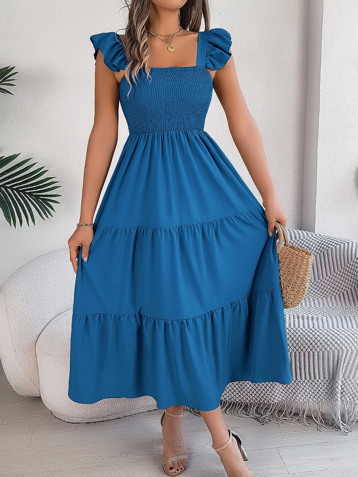 Spring Summer Solid Color Edible Tree Fungus Edge Square Neck Sleeveless Holiday Dress Elegant Long Dresses for Women Rose Blue
