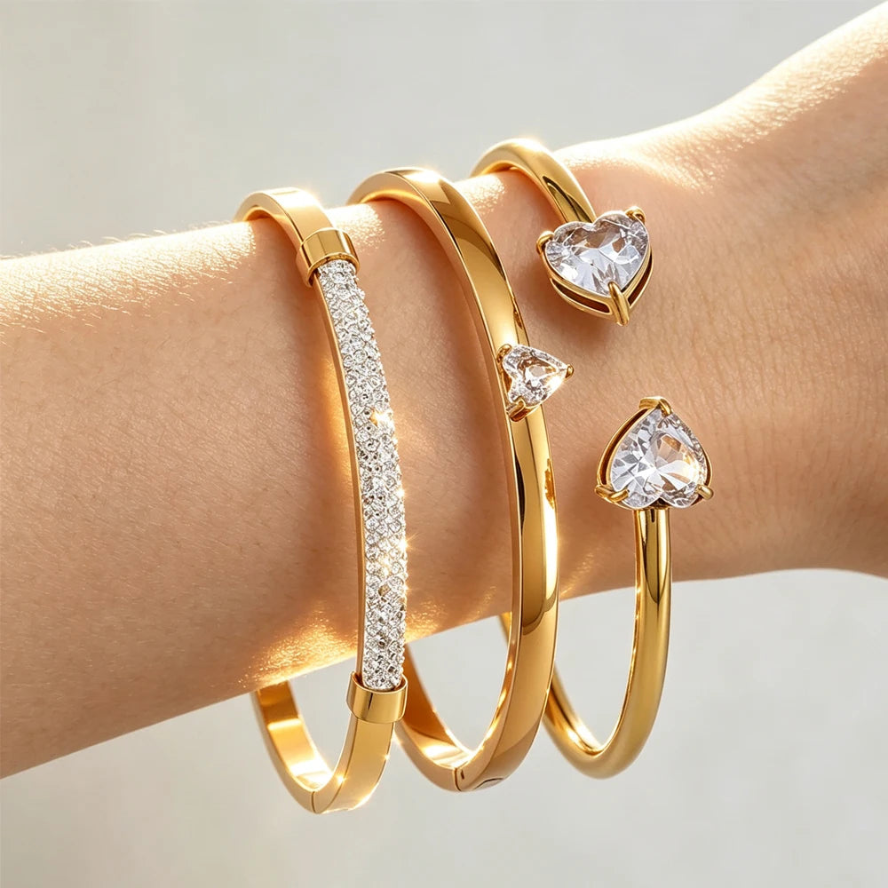 ZAKOL 3pcs/set 316 Stainless Steel Bracelets Shiny Heart Zircon Open Bangle Valentine's Day Stacked Wrist Jewelry Gifts