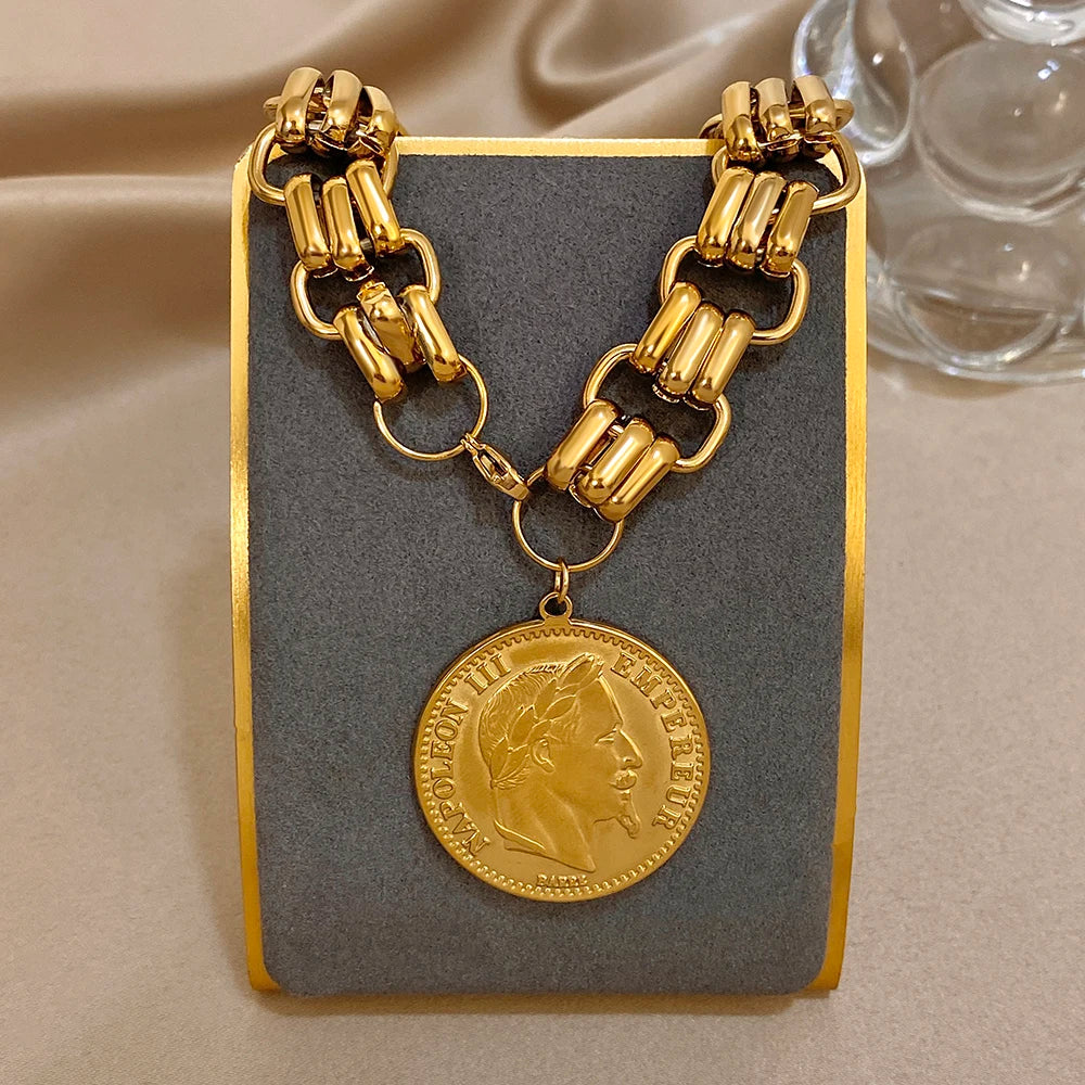 Chunky Punk Vintage Carved Head Portrait Coin Pendant Stainless Steel Bracelets Gold Plated Thick Chain Fashion Jewelry