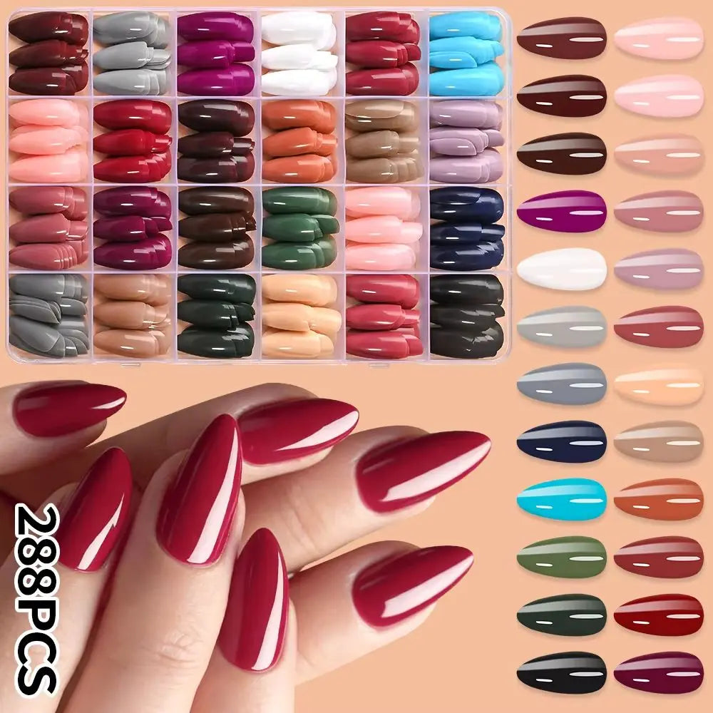288Pcs Mixed Color Medium Almond False Nails Acrylic Full Cover Fake Nails for Women Wearable Press on Nails DIY Nail Extension