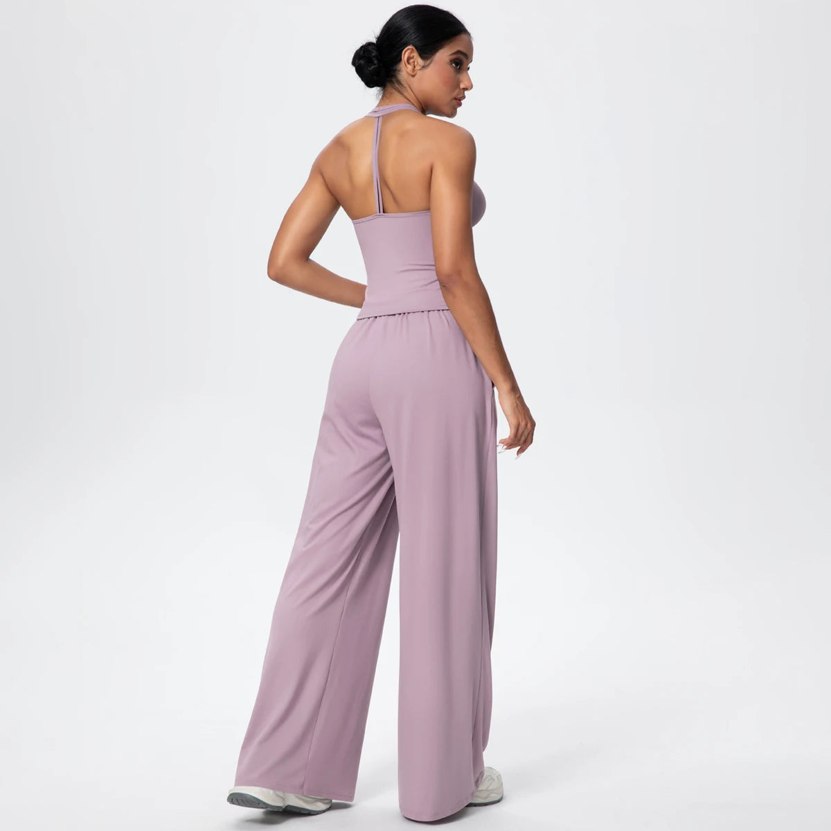 Breathable Loose Wide Leg Pants and Yoga Vest Set Solid Color High Stretch Pockets Pants Beautiful Back T-shaped Vest Yoga Suit