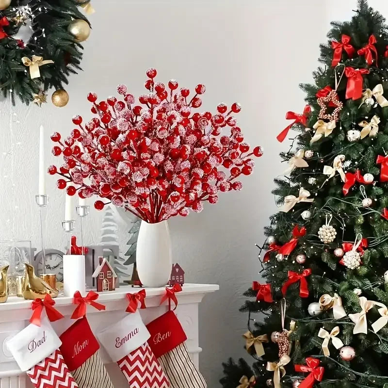 10pcs Artificial Red Berry Stems with Snow Frosted Branches - Winter Wonderland Christmas Decorations,for Christmas Decor