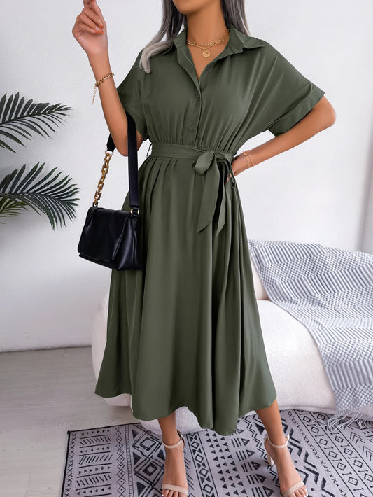 Spring Summer Slim Waist Lace Up Dresses for Women Casual Solid Color Turn Down Collar Short Sleeve A Line Dress Green Red Blue