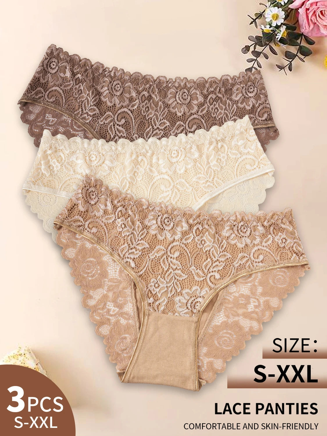 3PCS Semi-Sheer Elegant Lace Floral Design Women's Panties Solid Color Mid Waist Briefs Cotton Lingerie Comfortable Breathable