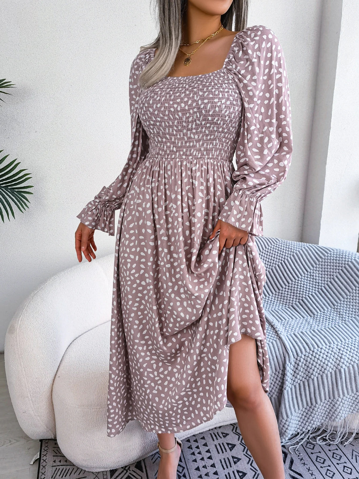 Spring Autumn Women's Elegant Polka Dot Square Neck Flare Long Sleeve Slim Waist Floral Dress Yellow Pink Red Woman Clothing