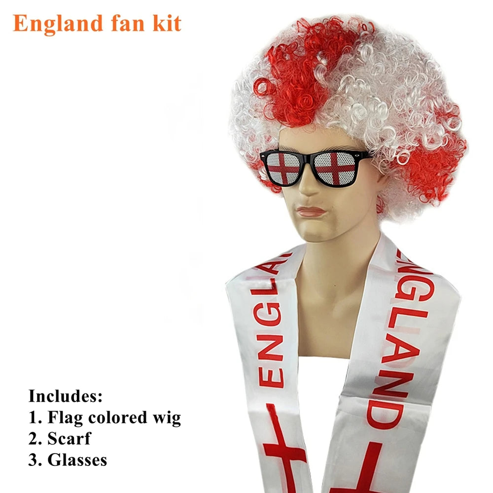 National Flag Color Explosion Wig Set - طقم باروكة مشجعين بألوان الأعلام مع وشاح ونظارات