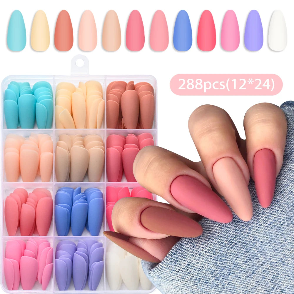 288Pcs Short Almond Full Cover Fake Nail Tips Extensions Red/Nude/Pink Stiletto False Nails for Women DIY Wearable Press on Nail
