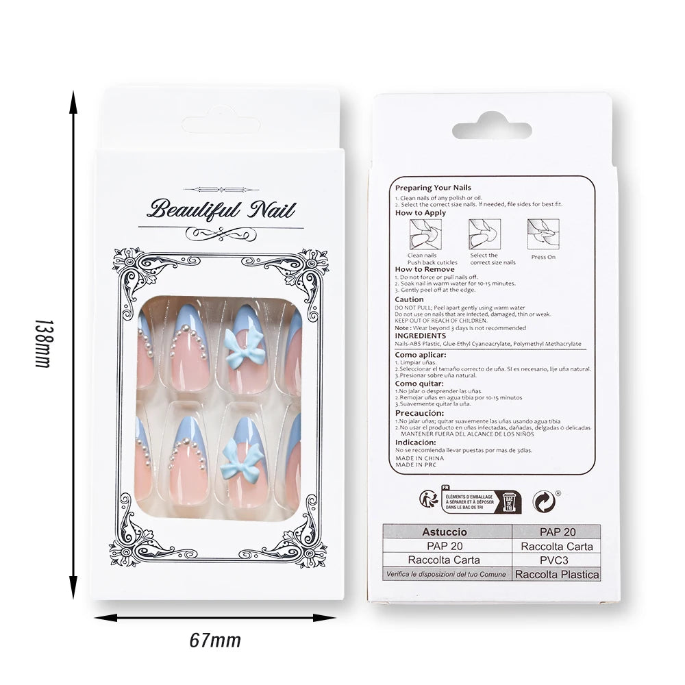 24Pcs Blue Almond Wearable Press on Nails 3D Pearl Bow Full Cover Fake Nails Tips with Bowknot Design French False Nails